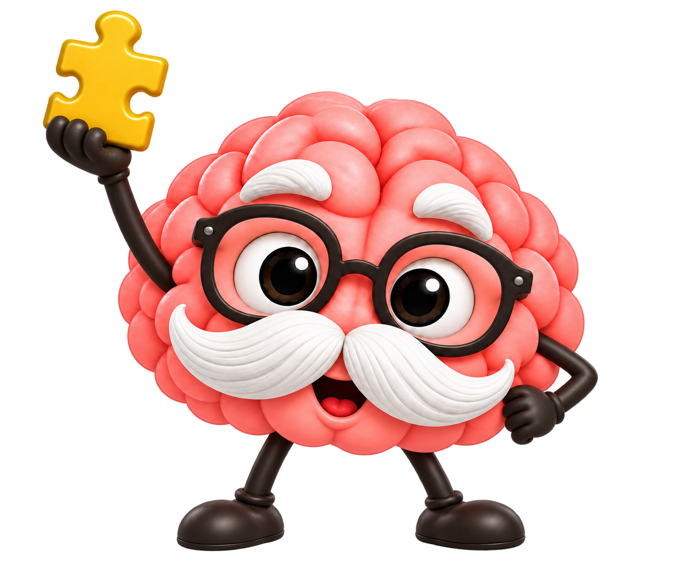 A smiling brain mascot proudly holding up a puzzle piece